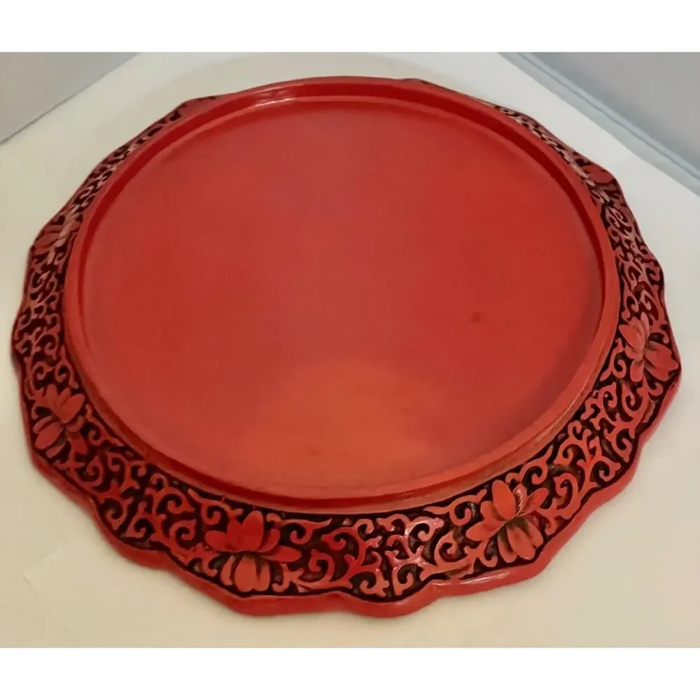 Chinese Hand-Carved Lacquer Red Cinnabar Resin Plate (Boat Scene)